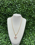 Pink star w/ white diamond border necklace
