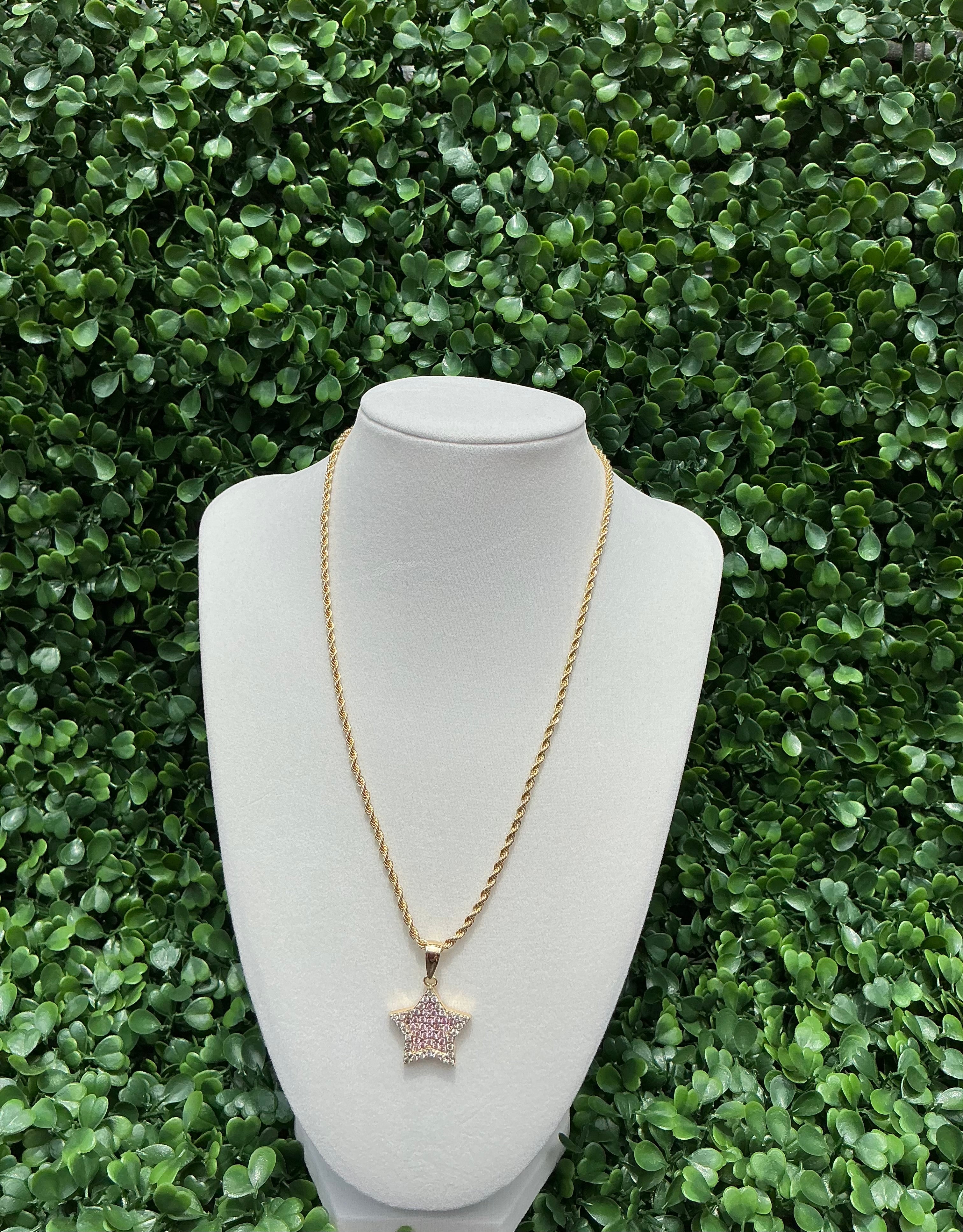 Pink star w/ white diamond border necklace